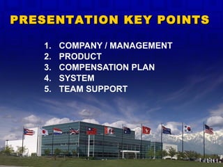 COMPANY / MANAGEMENT PRODUCT COMPENSATION PLAN SYSTEM TEAM SUPPORT PRESENTATION KEY POINTS  
