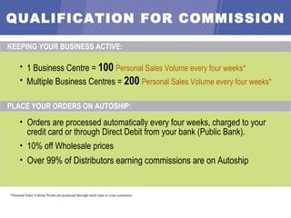 KEEPING YOUR BUSINESS ACTIVE: *Personal Sales Volume Points are produced through retail sales to your customers. 1 Business Centre =  100   Personal Sales Volume   every four weeks* Multiple Business Centres =  200   Personal Sales Volume   every four weeks* QUALIFICATION FOR COMMISSION PLACE YOUR ORDERS ON AUTOSHIP: Orders are processed automatically every four weeks, charged to your credit card or through  Direct Debit from your bank (Public Bank) . 10% off Wholesale prices Over 99% of Distributors earning commissions are on Autoship 