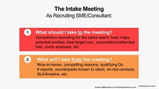 2
The Intake Meeting
As Recruiting SME/Consultant:
What should I take to the meeting?
Competitors recruiting for the same ...