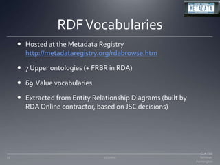 RDF VocabulariesHosted at the Metadata Registryhttp://metadataregistry.org/rdabrowse.htm7 Upper ontologies (+ FRBR in RDA)69  Value vocabulariesExtracted from Entity Relationship Diagrams (built by RDA Online contractor, based on JSC decisions)11/20/0923CLA TSS Seminar, Farmington