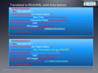 11/20/09CLA TSS Seminar, Farmington39Translated to RDA/XML (with links below):<frbrManifestation    ID="rda.basic/09”>	<editionStatement>1st Trade Edition</>	<placeOfPublication>New York<placeOfPublication>	<publishersName>Delacorte Press</publishersName>	<dateOfPublication>1987</dateOfPublication>	<extentOfText>300 pages</extentOfText>	<identifierForTheManifestation>[ISBN]0385295901</></frbrManifestation><frbrManifestatiion    ID="rda.basic/09”><editionStatement>1st Trade Edition</><placeOfPublication>http://www.getty.edu/tgn/7007567</>	<publishersName>http://onixpub.info/2039987</>	<dateOfPublication>1987</dateOfPublication>	<extentOfText>300 pages</extentOfText>	<identifierForTheManifestation>urn:ISBN:0385295901</></frbrManifestation>
