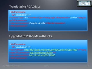 11/20/09CLA TSS Seminar, Farmington42Translated to RDA/XML:<frbrExpression    ID="rda.basic/11”>	<contentType>text</contentType>	<languageOfExpression>Latvian<languageOfExpression>	<rdarole:translator>Grigulis, Arvīds</rdarole:translator></frbrExpression>Upgraded to RDA/XML with Links:<frbrExpression    ID="rda.basic/11”><formOfWork>http://RDVocab.info/termList/RDAContentType/1020</>	<languageOfExpression>http://marclang.info/lav</>	<rdarole:translator>http://lcnaf.info/83219993 </frbrExpression>