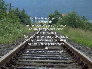 . No hay tiempo  para la despedida, no hay tiempo para otro beso, no hay tiempo para decir me dueles amor. No hay tiempo para una mirada, no hay tiempo para una caricia, no hay tiempo para amarte más; no hay tiempo, pues ya te vas 