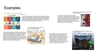 Examples
http://www.freepik.com/free-vector/business-steps-
infographic_780572.htm#term=infographics&page=1&position=1
This is a good infographic as it shows different steps what is easy to
follow, this is also a good infographic as it uses a range of pictures
showing what's happening, a range of bright colours that attracts
attention, all information needed and also charts. This is good as it
stands out and shows everything that it needs too.
http://www.hongkiat.com/blog/50-informative-and-well-
designed-infographics/
This is a good infographic as it shows instant
comparison, It also has a good and simple layout that
is easy to follow and read. It has appropriate images
and colours for that company and it is also bright so it
stands out, the writing is also split up into little
paragraphs so it doesn't look like as much to read and
it also is split up so is easy to follow.
http://www.hongkiat.com/blog/50-informative-
and-well-designed-infographics/
This is a good infographic as it breaks down the image
and shows clearly what part it is talking about. It has a
big picture in the middle what shows what it is talking
about in a whole then has arrows with the part of the
picture they are talking about in big so it is easy to read
and easy to follow what part they are talking about. This
infographic also has appropriate colours to fit in with the
theme and also has the writing spread out.
http://www.hongkiat.com/blog/50-informative-and-well-
designed-infographics/
This infographic is good as it hardly has any
text and shows what they are saying in a
picture. The picture is big and bold and has
appropriate colours. It has data in the style of
sea level and how many metres down they
are going to go, it also shows their current
progress and there aim to be at the end of
this. It has a little text but not too much what is
good as the reader doesn't get bored.
 