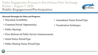 Public Engagement Process in Rural Areas Peer Exchange
Packet – August 7, 2025
Public Engagement/Participation
• Document Availability
• Comment Period/ Opportunities
• Public Meetings
• Press Releases & Public Service Announcements
• Initial Notice Period/Type
• Public Meeting Notice Period/Type
Outreach Strategies for Plans and Programs
• Amendment Notice Period/Type
• Visualization Techniques
 