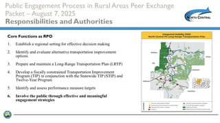 Public Engagement Process in Rural Areas Peer Exchange
Packet – August 7, 2025
Responsibilities and Authorities
1. Establish a regional setting for effective decision making
2. Identify and evaluate alternative transportation improvement
options
3. Prepare and maintain a Long-Range Transportation Plan (LRTP)
4. Develop a fiscally constrained Transportation Improvement
Program (TIP) in conjunction with the Statewide TIP (STIP) and
Twelve-Year Program
5. Identify and assess performance measure targets
6. Involve the public through effective and meaningful
engagement strategies
Core Functions as RPO
 