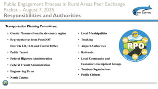 Public Engagement Process in Rural Areas Peer Exchange
Packet – August 7, 2025
Responsibilities and Authorities
• County Planners from the six-county region
• Representatives from PennDOT
Districts 2-0, 10-0, and Central Office
• Public Transit
• Federal Highway Administration
• Federal Transit Administration
• Engineering Firms
• North Central
Transportation Planning Committee:
• Local Municipalities
• Trucking
• Airport Authorities
• Railroads
• Local Community and
Economic Development Groups
• Tourism Organizations
• Public Citizens
 
