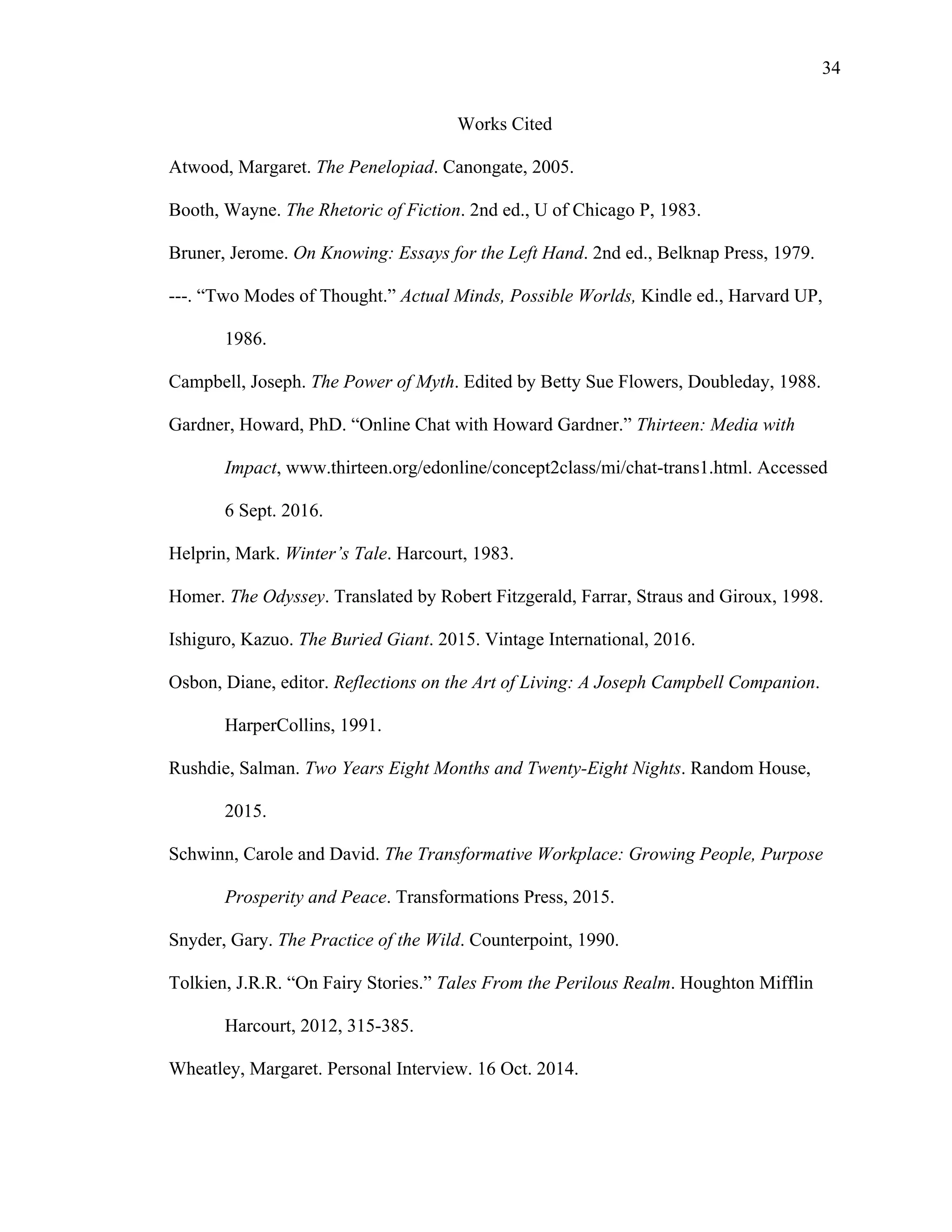   34
Works Cited
Atwood, Margaret. The Penelopiad. Canongate, 2005.
Booth, Wayne. The Rhetoric of Fiction. 2nd ed., U of Chicago P, 1983.
Bruner, Jerome. On Knowing: Essays for the Left Hand. 2nd ed., Belknap Press, 1979.
---. “Two Modes of Thought.” Actual Minds, Possible Worlds, Kindle ed., Harvard UP,
1986.
Campbell, Joseph. The Power of Myth. Edited by Betty Sue Flowers, Doubleday, 1988.
Gardner, Howard, PhD. “Online Chat with Howard Gardner.” Thirteen: Media with
Impact, www.thirteen.org/edonline/concept2class/mi/chat-trans1.html. Accessed
6 Sept. 2016.
Helprin, Mark. Winter’s Tale. Harcourt, 1983.
Homer. The Odyssey. Translated by Robert Fitzgerald, Farrar, Straus and Giroux, 1998.
Ishiguro, Kazuo. The Buried Giant. 2015. Vintage International, 2016.
Osbon, Diane, editor. Reflections on the Art of Living: A Joseph Campbell Companion.
HarperCollins, 1991.
Rushdie, Salman. Two Years Eight Months and Twenty-Eight Nights. Random House,
2015.
Schwinn, Carole and David. The Transformative Workplace: Growing People, Purpose
Prosperity and Peace. Transformations Press, 2015.
Snyder, Gary. The Practice of the Wild. Counterpoint, 1990.
Tolkien, J.R.R. “On Fairy Stories.” Tales From the Perilous Realm. Houghton Mifflin
Harcourt, 2012, 315-385.
Wheatley, Margaret. Personal Interview. 16 Oct. 2014.
 