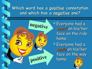 Which word has a
Which word has a positive
positive connotation
connotation
and which has a
and which has a negative
negative one?
one?
 Everyone had a
Everyone had a
smirk
smirk on his/her
on his/her
face on the ride
face on the ride
home.
home.
 Everyone had a
Everyone had a
smile
smile on his/her
on his/her
face on the way
face on the way
home.
home.
positive
negative
 