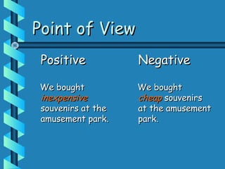 Point of ViewPoint of View
PositivePositive
We boughtWe bought
inexpensiveinexpensive
souvenirs at thesouvenirs at the
amusement park.amusement park.
NegativeNegative
We boughtWe bought
cheapcheap souvenirssouvenirs
at the amusementat the amusement
park.park.
 