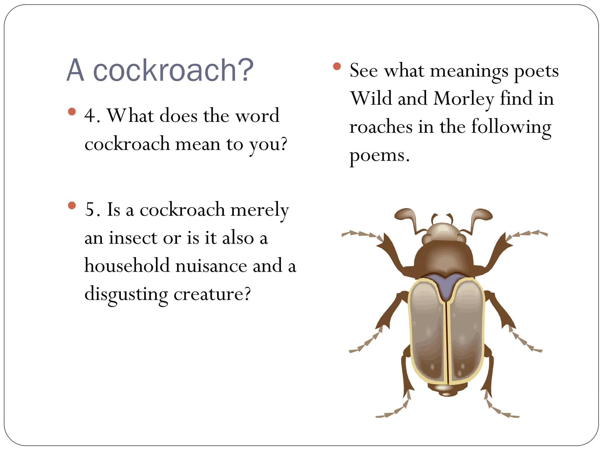 A cockroach?
 4. What does the word
cockroach mean to you?
 5. Is a cockroach merely
an insect or is it also a
household nuisance and a
disgusting creature?
 See what meanings poets
Wild and Morley find in
roaches in the following
poems.
 