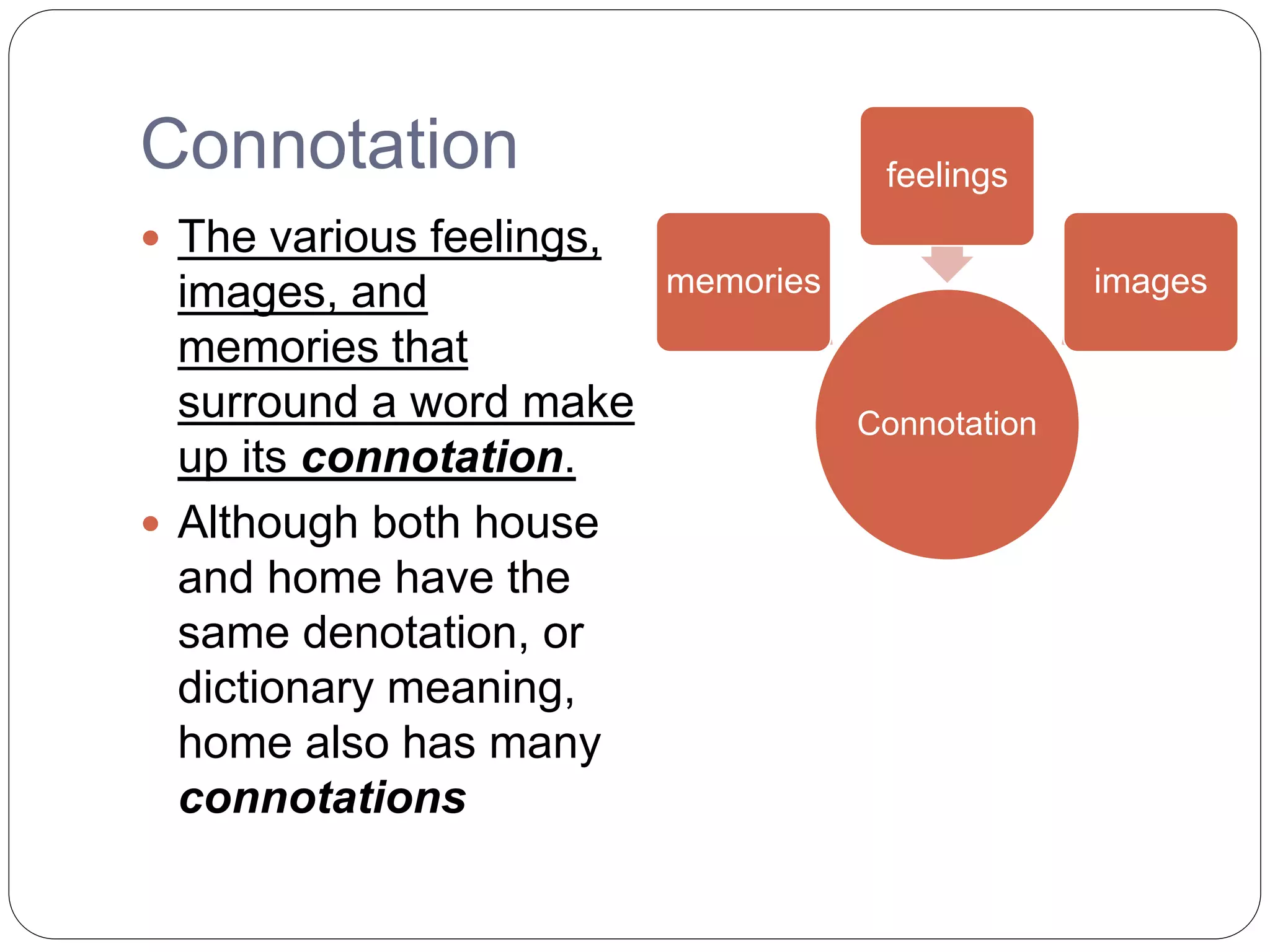 Connotation
 The various feelings,
images, and
memories that
surround a word make
up its connotation.
 Although both house
and home have the
same denotation, or
dictionary meaning,
home also has many
connotations
Connotation
memories
feelings
images
 