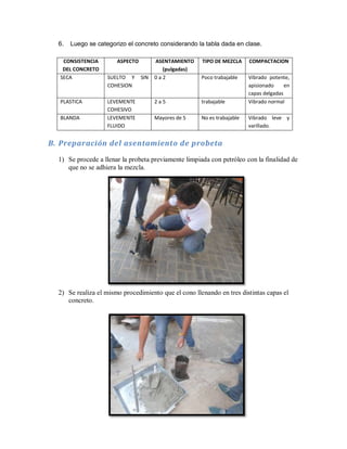 6. Luego se categorizo el concreto considerando la tabla dada en clase.
CONSISTENCIA
DEL CONCRETO
ASPECTO ASENTAMIENTO
(pulgadas)
TIPO DE MEZCLA COMPACTACION
SECA SUELTO Y SIN
COHESION
0 a 2 Poco trabajable Vibrado potente,
apisionado en
capas delgadas
PLASTICA LEVEMENTE
COHESIVO
2 a 5 trabajable Vibrado normal
BLANDA LEVEMENTE
FLUIDO
Mayores de 5 No es trabajable Vibrado leve y
varillado.
B. Preparación del asentamiento de probeta
1) Se procede a llenar la probeta previamente limpiada con petróleo con la finalidad de
que no se adhiera la mezcla.
2) Se realiza el mismo procedimiento que el cono llenando en tres distintas capas el
concreto.
 