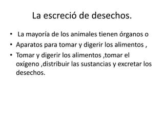 La escreció de desechos.
• La mayoría de los animales tienen órganos o
• Aparatos para tomar y digerir los alimentos ,
• Tomar y digerir los alimentos ,tomar el
  oxígeno ,distribuir las sustancias y excretar los
  desechos.
 
