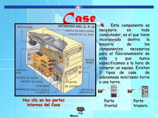 Case
Fuente
de poder
ParteParte
frontalfrontal
ParteParte
traseratrasera
Este componente esEste componente es
necesario en todonecesario en todo
computador, es el que tienecomputador, es el que tiene
incorporado dentro laincorporado dentro la
mayoría de losmayoría de los
componentes necesarioscomponentes necesarios
para el funcionamiento depara el funcionamiento de
este y que nuncaeste y que nunca
especificamos a la hora deespecificamos a la hora de
comprar un equipo. Existencomprar un equipo. Existen
3 tipos de case de3 tipos de case de
sobremesa mini/semi-torresobremesa mini/semi-torre
o una torre.o una torre.
Has clic en las partesHas clic en las partes
internas del Caseinternas del Case
Menú
 