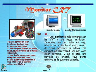 Monitor CRT
LosLos monitoresmonitores más comunes sonmás comunes son
los CRT o de rayos catódicos,los CRT o de rayos catódicos,
formados por un tubo en cuyoformados por un tubo en cuyo
interior se ha hecho el vacío, en unointerior se ha hecho el vacío, en uno
de cuyos extremos se sitúan tresde cuyos extremos se sitúan tres
cañones de electrones, uno por cadacañones de electrones, uno por cada
color primario, y en el otro unacolor primario, y en el otro una
pantalla de cristal, cuya partepantalla de cristal, cuya parte
externa es la que ve el usuario.externa es la que ve el usuario.
Monitor a color Monitor Monocromático
Tubo de barrido en colorTubo de barrido en color
1: cañones de electrones1: cañones de electrones
2: haces de electrones2: haces de electrones
3: máscara para separar los rayos3: máscara para separar los rayos
rojos, azules y verdes de la imagenrojos, azules y verdes de la imagen
visualizadavisualizada
4: capa fosforescente con zonas4: capa fosforescente con zonas
receptivas para cada colorreceptivas para cada color
5: gran superficie plana sobre la5: gran superficie plana sobre la
cara interior de la pantallacara interior de la pantalla
cubierta de fósforocubierta de fósforo
MenúAtrás
 