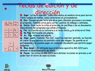 Teclas de edición y de
direcciónSupr: La tecla suprimir, como bien indica su nombre sirve para borrar.
Tanto campos en tablas, como caracteres en procesadores.
Esc: Escape es una tecla que sirve para cancelar procesos y acciones
en progreso, también sirve para cerrar cuadros de diálogo o ventanas.
Inicio: Esta tecla te sitúa al principio de una línea o de un documento,
dependiendo del programa que estés utilizando.
Fin: Su función es la contraria a la tecla Inicio, y te sitúa en el final.
Re Pág: Retrocede una página.
Av. Pág: Avanza una página.
Impr. pant: También “Pet Sis”, significa imprimir pantalla, su función
es copiar lo que aparece en pantalla como una imagen. Se guarda en el
portapapeles y lo puedes pegar en cualquier documento que permita pegar
imágenes.
Bloq despl.: Es utilizada bajo el sistema operativo MS-DOS para
detener el desplazamiento de texto.
Pausa: Se utiliza en MS-DOS para detener acciones en proceso y así
poder leer el texto de esas acciones.
Menú PrincipalAtrás
 