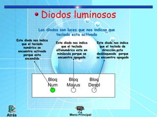 Bloq
Num
Bloq
Mayus
Bloq
Despl
Diodos luminosos
Los diodos son luces que nos indican que
teclado esta activado
Este diodo nos indica
que el teclado
numérico se
encuentra activado
porque esta
encendido
Este diodo nos indica
que el teclado
alfanumérico esta en
minúscula porque se
encuentra apagado
Este diodo nos indica
que el teclado de
dirección esta
desbloqueado porque
se encuentra apagado
Menú PrincipalAtrás
 