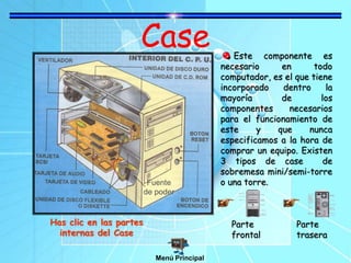 Case
Fuente
de poder
Parte
frontal
Parte
trasera
Este componente es
necesario en todo
computador, es el que tiene
incorporado dentro la
mayoría de los
componentes necesarios
para el funcionamiento de
este y que nunca
especificamos a la hora de
comprar un equipo. Existen
3 tipos de case de
sobremesa mini/semi-torre
o una torre.
Has clic en las partes
internas del Case
Menú Principal
 