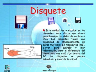 Disquete
Esta unidad lee y escribe en los
disquetes, unos discos que sirven
para transportar datos de un lado a
otro. Los disquetes tienen una
capacidad de almacenamiento de
datos muy baja: 1.4 megabytes (MB).
Sirven para guardar y leer
información, pero a diferencia del
disco duro que está fijo dentro del
PC, los disquetes se pueden
introducir y sacar de la unidad
Menú PrincipalAtrás
 