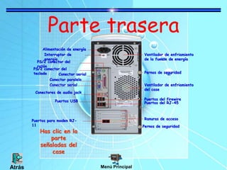 Parte trasera
Alimentación de energía
Interruptor de
energía
PS/2 conector del
ratón
PS/2 conector del
teclado Conector serial
Conector paralelo
Conector serial
Conectores de audio jack
Puertos USB
Puertos para moden RJ-
11
Ventilador de enfriamiento
de la fuente de energía
Pernos de seguridad
Pernos de seguridad
Ventilador de enfriamiento
del case
Puertos del firewire
Puertos del RJ-45
Ranuras de acceso
Has clic en la
parte
señaladas del
case
Menú PrincipalAtrás
 