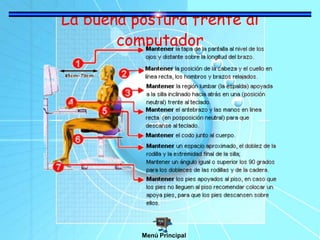 La buena postura frente al
computador
Menú Principal
 