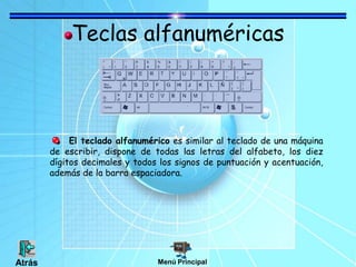 Teclas alfanuméricas
El teclado alfanumérico es similar al teclado de una máquina
de escribir, dispone de todas las letras del alfabeto, los diez
dígitos decimales y todos los signos de puntuación y acentuación,
además de la barra espaciadora.
Menú PrincipalAtrás
 