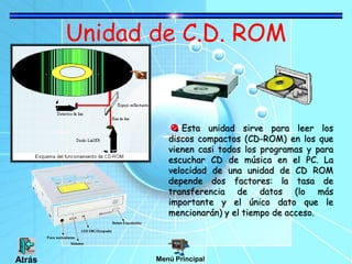 Unidad de C.D. ROM
Esta unidad sirve para leer los
discos compactos (CD-ROM) en los que
vienen casi todos los programas y para
escuchar CD de música en el PC. La
velocidad de una unidad de CD ROM
depende dos factores: la tasa de
transferencia de datos (lo más
importante y el único dato que le
mencionarán) y el tiempo de acceso.
Menú Principal
Atrás
 