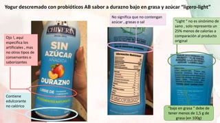 Yogur descremado con probióticos AB sabor a durazno bajo en grasa y azúcar “ligero-light”
No significa que no contengan
azúcar , grasas o sal “Light “ no es sinónimo de
sano , solo representa un
25% menos de calorías a
comparación al producto
original
Ojo !, aquí
especifica los
artificiales , mas
no otros tipos de
conservantes o
saborizantes
Contiene
edulcorante
no calórico
“bajo en grasa “ debe de
tener menos de 1,5 g de
grasa (en 100g)
 