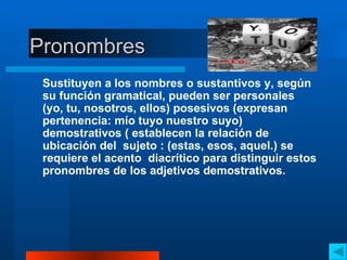 Pronombres Sustituyen a los nombres o sustantivos y, según su función gramatical, pueden ser personales (yo, tu, nosotros, ellos) posesivos (expresan pertenencia: mío tuyo nuestro suyo) demostrativos ( establecen la relación de ubicación del  sujeto : (estas, esos, aquel.) se requiere el acento  diacrítico para distinguir estos pronombres de los adjetivos demostrativos.  