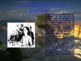 ¿QUIÉNES SON LOS SABIOS?   El sabio no busca la respuesta a los problemas de la vida en los archivos, como el historiador, ni el contacto directo con la palabra de Dios, como el profeta. El sabio de Israel busca sus fuentes en la experiencia humana iluminada por la Fe. A diferencia del profeta, el sabio no dice “Oráculo del Señor“ ni “Así dice el Señor”, sino que el sabio bíblico estudia y reflexiona. La sabiduría es, por fin un don de Dios: viene con él  ( Eclo 1,1 ) el sabio de Israel  ( Eclo 8,3.17 ) también discierne en el juicio y en la valoración de las situaciones y de las personas, para no dejarse llevar por las apariencias: es un Hombre profundamente religioso que madruga por el señor y reza delante del altísimo” ( Eclo 39,5) Inteligencia ( Eclo 39,6 ) 