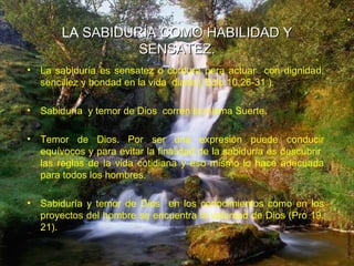 La sabiduría es sensatez o cordura para actuar  con dignidad, sencillez y bondad en la vida  diaria:( Eclo 10,26-31 ). Sabiduría  y temor de Dios  corren la misma Suerte. Temor de Dios. Por ser una expresión puede conducir equívocos y para evitar la finalidad de la sabiduría es descubrir  las reglas de la vida cotidiana y eso mismo lo hace adecuada para todos los hombres. Sabiduría y temor de Dios  en los conocimientos como en los proyectos del hombre se encuentra la voluntad de Dios (Pro 19, 21). LA  SABIDURÍA COMO HABILIDAD Y SENSATEZ. . 