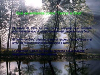 Qué se entiende como “Temor a Dios”.   El temor de Dios es una noción compleja que contiene prácticamente todo el comportamiento del creyente hacia Dios. El “temor de Dios” , lleva al orante al respeto a la confianza y al amor, es reconocimiento de Adoración a Dios. La expresión “Temor de Dios” se aproxima a que nosotros designamos como “sentido religioso”.   