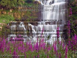 Él posee sabiduría  y poder, la perspicacia  y la  prudencia  son suyas ( Sab 12, 13 ) En definitiva, la  crisis  sapiencial es una  crisis  de la idea de Dios. pone  en entredicho  esa imagen del Dios “ tapahuecos”  y “ explicalo todo” ponían los antepasados. LA SABIDURIA LOS ORIGENES EL HUMANISMO SALOMONICO  