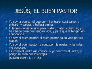 JESÚS, EL BUEN PASTOR Yo soy la puerta; el que por mí entrare, será salvo; y entrará, y saldrá, y hallará pastos. El ladrón no viene sino para hurtar, matar y destruir; yo he venido para que tengan vida, y para que la tengan en abundancia. Yo soy el buen pastor; el buen pastor da su vida por las ovejas. Yo soy el buen pastor; y conozco mis ovejas, y las mías me conocen, así como el Padre me conoce, y yo conozco al Padre; y pongo mi vida por las ovejas. (S.Juan 10:9-11, 14-15) 