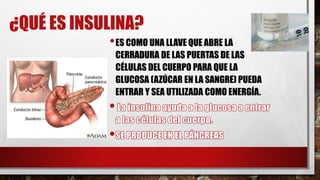 ¿QUÉ ES INSULINA?
•ES COMO UNA LLAVE QUE ABRE LA
CERRADURA DE LAS PUERTAS DE LAS
CÉLULAS DEL CUERPO PARA QUE LA
GLUCOSA (AZÚCAR EN LA SANGRE) PUEDA
ENTRAR Y SEA UTILIZADA COMO ENERGÍA.
 