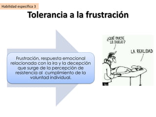 Tolerancia a la frustración
Frustración, respuesta emocional
relacionada con la ira y la decepción
que surge de la percepción de
resistencia al cumplimiento de la
voluntad individual.
Habilidad específica 3
 