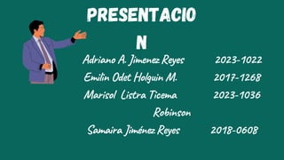 Adriano A. Jimenez Reyes 2023-1022
Emilin Odet Holguin M. 2017-1268
Marisol Listra Ticema 2023-1036
Robinson
Samaira Jiménez Reyes 2018-0608
Presentacio
n
 