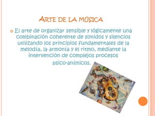 Arte de la pinturaEs el arte de la representación gráfica utilizando pigmentos mezclados con otras sustancias aglutinantes orgánicas o sintéticas. En este arte se emplean técnicas de pintura, conocimientos de teoría del color y de composición pictórica, y el dibujo.