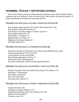 275
NOMBRES, TÍTULOS Y METÁFORAS DIVINAS
Para concluir nuestro estudio, consideraremos brevemente muchos de los nombres, títulos y
metáforas que se le atribuyen a Dios en las Escrituras. Cada nombre nos permitirá adquirir un
mayor entendimiento de la persona y de la obra de Dios.
NOMBRES QUE REFLEJAN LA GLORIA Y MAJESTAD DE DIOS (8)
Dios de dioses: Deuteronomio 10:17; Salmo 136:2; Daniel 2:47; 11:36
Dios de Gloria: Salmo 29:3; Hechos 7:2
Dios Arriba en los Cielos y Abajo en la Tierra: Josué 2:11
Dios Invisible: Colosenses 1:15
Dios Bendito: 1ª Timoteo 1:11
Magnífica Gloria: 2ª Pedro 1:17
Majestad en los Cielos: Hebreos 8:1
El Temible: Salmo 76:11
NOMBRES QUE REFLEJAN LA ETERNIDAD DE DIOS (6)
Dios Eterno: Génesis 21:33; Deuteronomio 33:27; Isaías 40:28; Romanos 16:26
Anciano de Días: Daniel 7:9-10, 13-14, 22
Yo Soy: Éxodo 3:13-14; Juan 8:56-58
Alfa y Omega: Apocalipsis 1:8; 21:6, 13
El Principio y el Fin: Apocalipsis 21:6
El Primero y el Postrero: Isaías 41:4; 44:6; Apocalipsis 22:13
NOMBRES QUE REFLEJAN LA SANTIDAD Y JUSTICIA DE DIOS (6)
El Santo: Proverbios 9:10; Isaías 40:25; 43:15; Oseas 11:9; Habacuc 1:12
Dios Santo: 1ª Samuel 6:20
Dios Celoso: Josué 24:19
Dios Justo: Isaías 45:21
Dios Juez Justo: Salmos 7:11
NOMBRES QUE REFLEJAN EL PODER Y SOBERANÍA DE DIOS (29)
Creador: Romanos 1:25
Arquitecto y Hacedor: Hebreos 11:10
Poseedor de los Cielos y de la Tierra: Génesis 14:19, 22
Alfarero: Romanos 9:20-21
Poderoso: Lucas 1:49
 