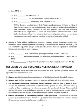 17
b. Juan 14:16-17
(1) El H__________ ora al Padre (v.16).
(2) El P_______________ da al Consolador o Espíritu Santo (v.16-17).
(3) El E_________________ mora con y en el creyente (v.17).
NOTA: De estos sencillos textos de la Palabra queda claro que el Padre, el Hijo y el
Espíritu Santo son tres personas distintas. Dios no es tres seres independientes ni
tres diferentes dioses; tampoco es una sola persona que usa tres máscaras
diferentes o que simplemente se revela a sí mismo en tres formas diferentes. El Dios
de las Escrituras existe en tres personas distintas pero iguales, quienes son uno en su
naturaleza o esencia divina y que conviven en perfecta igualdad y unidad.
4. Aunque el Padre, el Hijo y el Espíritu Santo son iguales y existen en perfecta unidad, con
frecuencia llevan a cabo diferentes funciones y se manifiestan de maneras distintas. ¿Qué
nos enseñan los siguientes pasajes acerca de esta verdad? Llena los espacios en blanco con
la respuesta correcta de cada versículo.
a. El P_____________ es el Dios invisible que ningún hombre ha visto (Juan 1:18).
b. El H____________ es Dios hecho carne y la revelación perfecta del Padre (Juan 1:1,14, 18;
14:9).
c. El E_______________ es Dios viviendo en el cristiano (Romanos 8:9; Juan 14:16-17, 23).
RESUMEN DE LAS VERDADES ACERCA DE LA TRINIDAD
De los pasajes de las Escrituras que estudiamos en este capítulo, podemos afirmar las
siguientes verdades acerca de Dios.
1. Dios es uno. No hay tres diferentes dioses en la Trinidad, una herejía llamada Triteísmo.
2. Dios es tres. Un Dios que existe como tres personas: el Padre, el Hijo y el Espíritu Santo.
3. Las Escrituras claramente confirman ambas verdades: Dios es uno, y Dios es tres.
Aunque no podemos comprender a cabalidad cómo puede ser esto, debemos creer y
enseñar ambas verdades con la misma convicción. Es una herejía (o sea, falsa doctrina)
cuando afirmamos una verdad pero negamos la otra, o enfatizamos una verdad sobre la
otra. Debemos asirnos de toda la verdad igualmente y evitar todos los extremos.
4. Las tres personas de la Trinidad son personas reales y distintas. La Trinidad no es una sola
persona que usa tres máscaras diferentes o que se revela a sí misma de tres formas o modos
diferentes, esa es una herejía llamada “modalismo”.
 