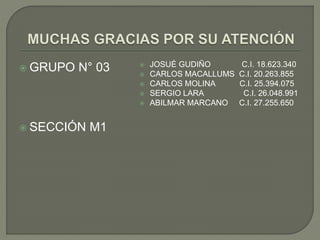  GRUPO N° 03
 SECCIÓN M1
 JOSUÉ GUDIÑO C.I. 18.623.340
 CARLOS MACALLUMS C.I. 20.263.855
 CARLOS MOLINA C.I. 25.394.075
 SERGIO LARA C.I. 26.048.991
 ABILMAR MARCANO C.I. 27.255.650
 