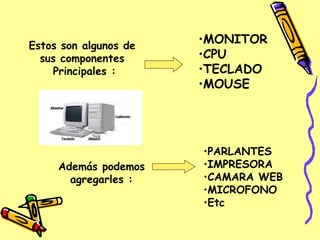 Estos son algunos de sus componentes Principales : MONITOR CPU TECLADO MOUSE Además podemos agregarles : PARLANTES IMPRESORA CAMARA WEB MICROFONO Etc
