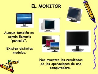 EL MONITOR Nos muestra los resultados de las operaciones de una computadora. Aunque también es común llamarlo "pantalla", Existen distintos modelos.