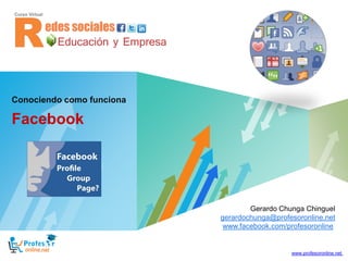 Conociendo como funciona

Facebook




                                          Gerardo Chunga Chinguel
                                         cursos@profesoronline.net
                                            www.profesoronline.net
                                  www.facebook.com/profesoronline
                           LOGO
                                                     www.profesoronline.net
 