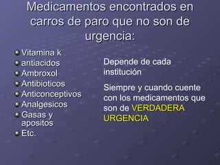 Medicamentos encontrados en carros de paro que no son de urgencia: Vitamina k  antiacidos Ambroxol Antibioticos Anticonceptivos Analgesicos Gasas y apositos Etc. Depende de cada institución Siempre y cuando cuente con los medicamentos que son de  VERDADERA URGENCIA 