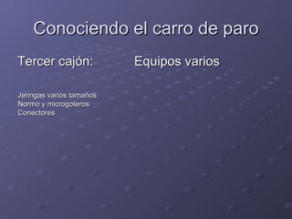 Conociendo el carro de paro Tercer cajón: Equipos varios Jeringas varios tamaños  Normo y microgoteros Conectores 