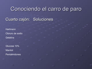 Conociendo el carro de paro Cuarto cajón: Soluciones Hartmann  Cloruro de sodio Gelatina Glucosa 10% Manitol Pentalmidones 