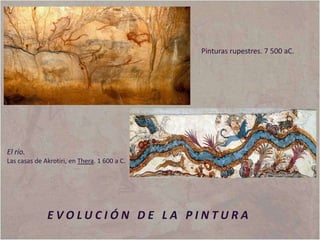 Pinturas rupestres. 7 500 aC.

El río.
Las casas de Akrotiri, en Thera. 1 600 a C.

EVOLUCIÓN DE LA PINTURA

 