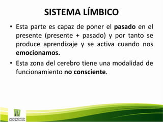 SISTEMA LÍMBICO
• Esta parte es capaz de poner el pasado en el
  presente (presente + pasado) y por tanto se
  produce aprendizaje y se activa cuando nos
  emocionamos.
• Esta zona del cerebro tiene una modalidad de
  funcionamiento no consciente.
 